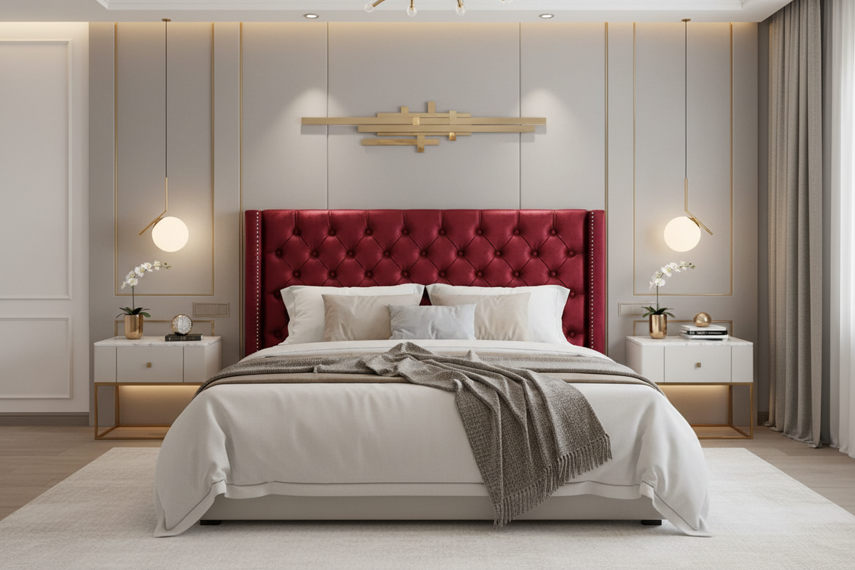 Burgundy Diamond Tufted Wingback Headboard