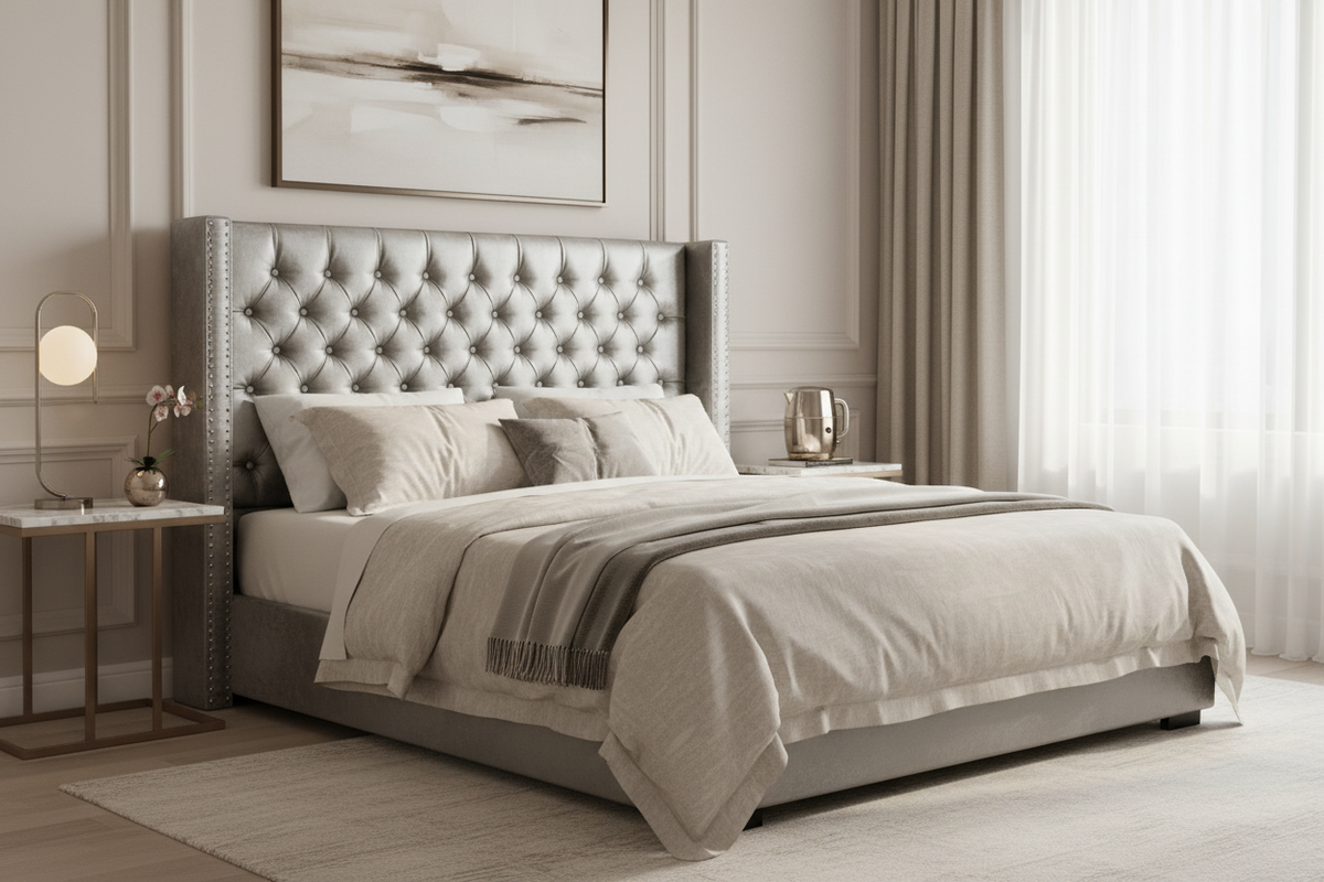 Silver Crystal Tufted Wingback Headboard