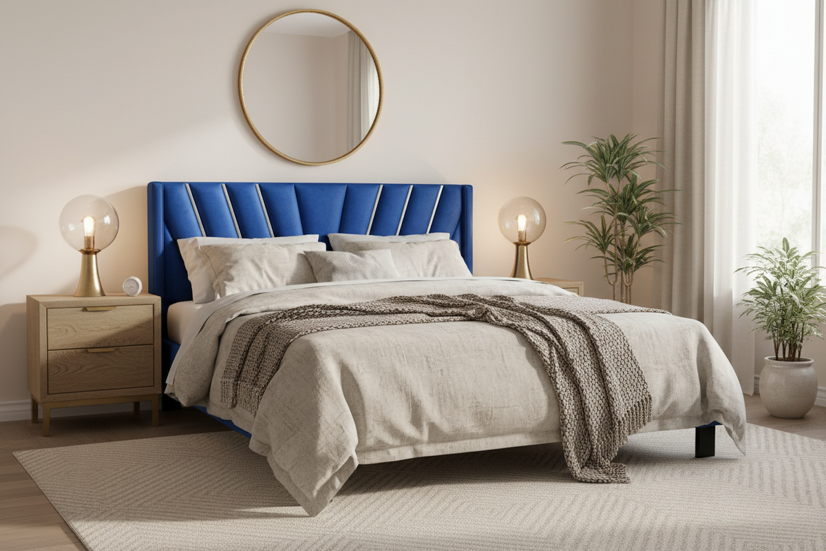 Royal Blue Sunburst Velvet Wingback Headboard
