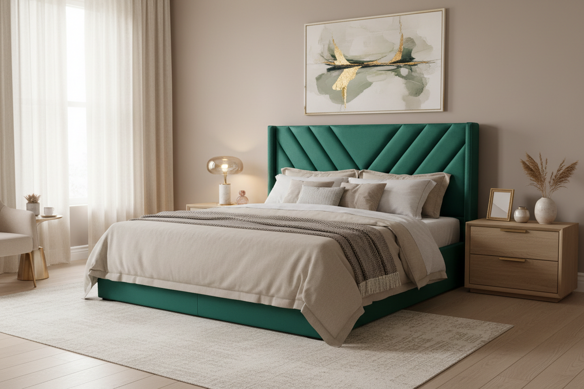 Emerald Chevron Velvet Wingback Headboard