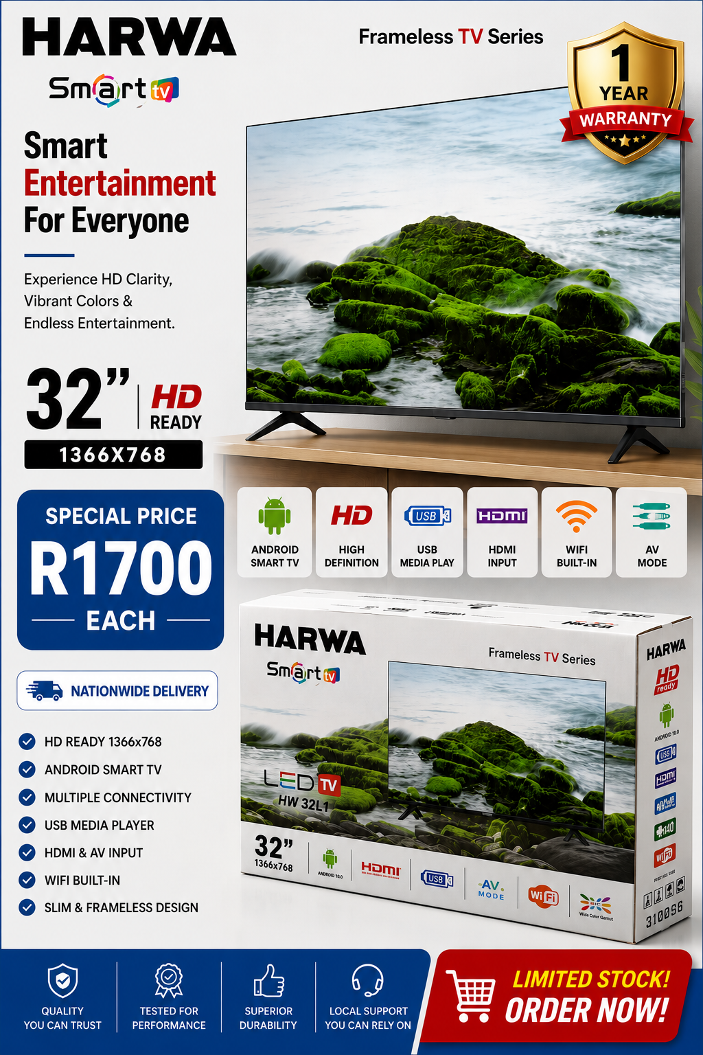 HARWA 32" Frameless Smart Android TV (HW 32L1)