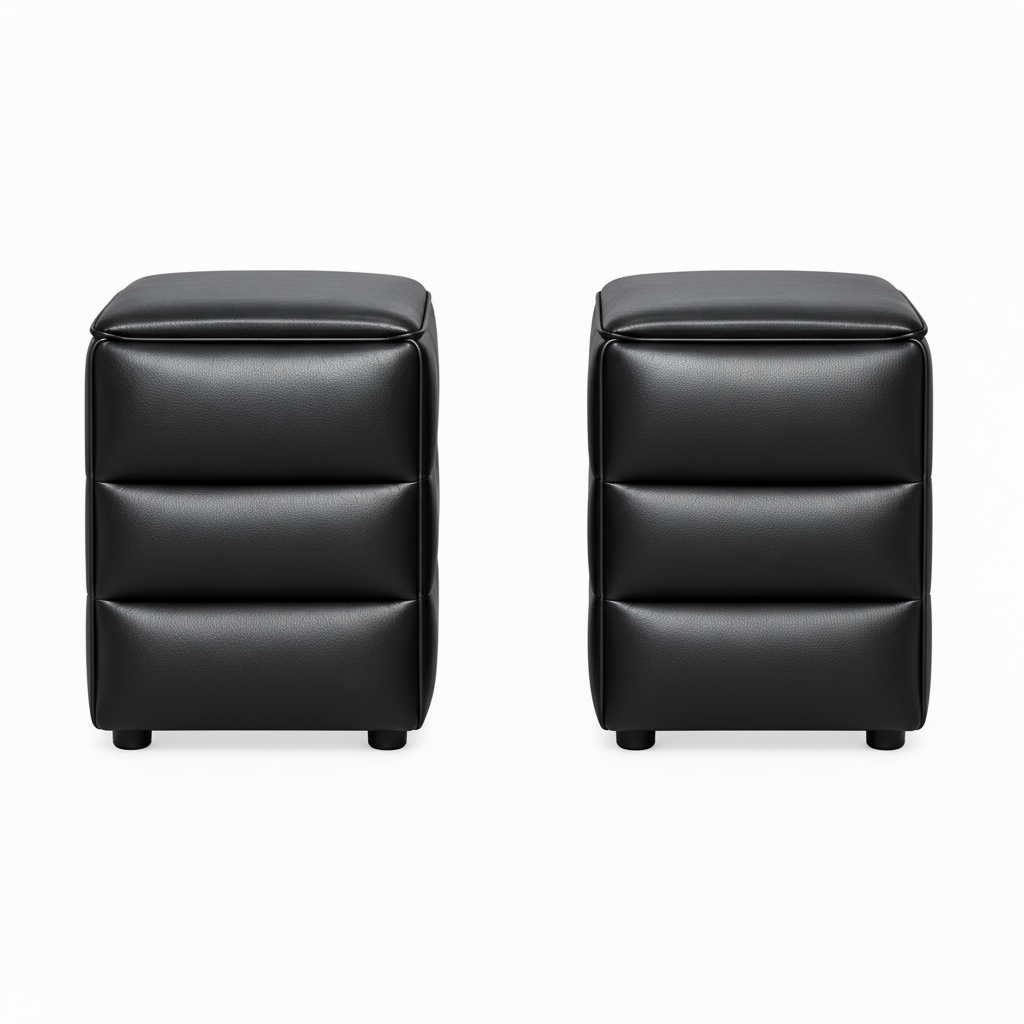 Black Ribbed Leather-Look Cube Ottoman Set (2 Piece)