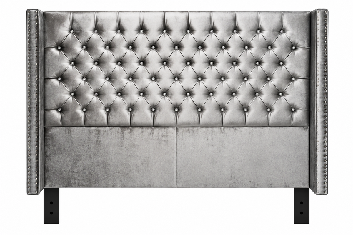Silver crystal tufted wingback headboard with stud trim