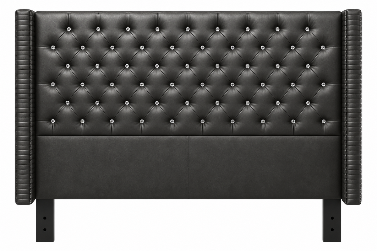 Charcoal crystal tufted wingback headboard with ribbed side panels