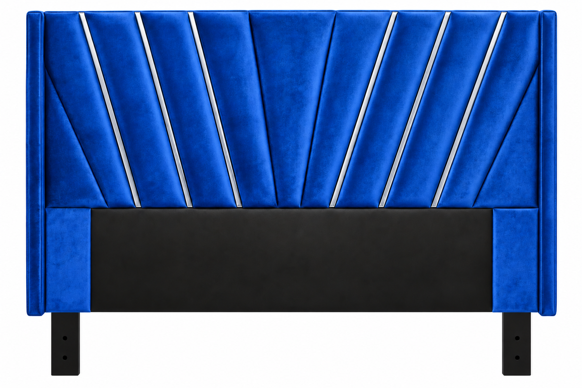 Royal blue velvet sunburst panel wingback headboard with silver piping