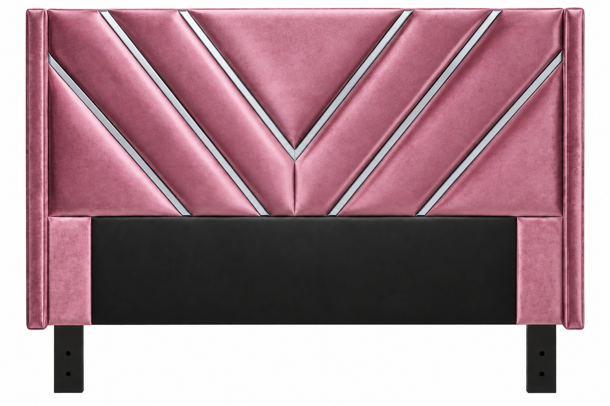 Blush pink velvet chevron panel wingback headboard with silver piping