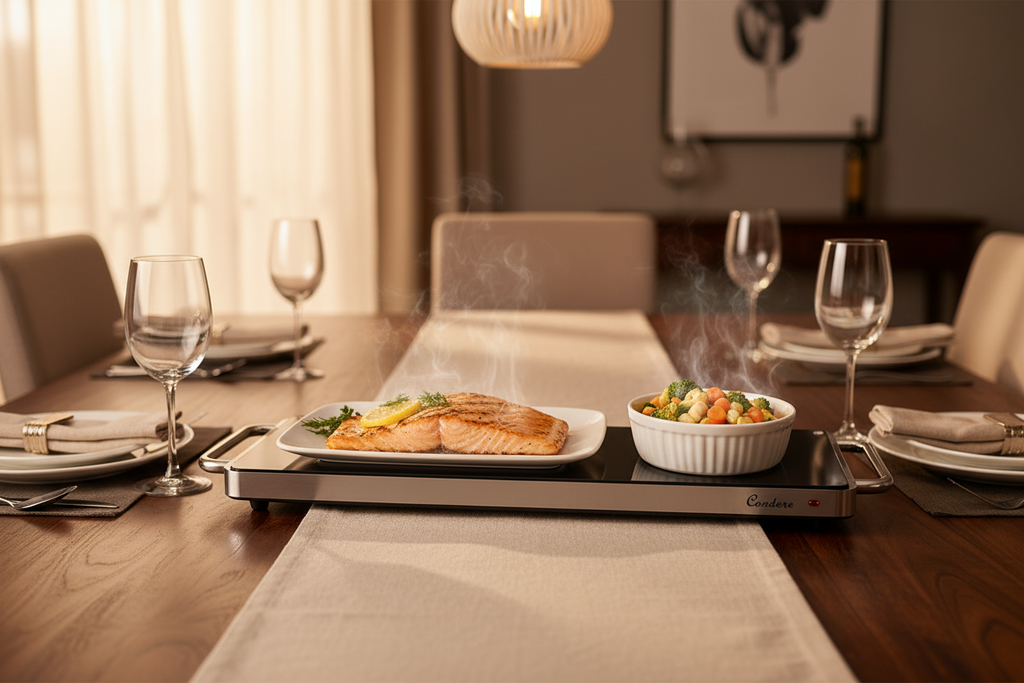 Condere Long Electric Warming Tray lifestyle dining table photo