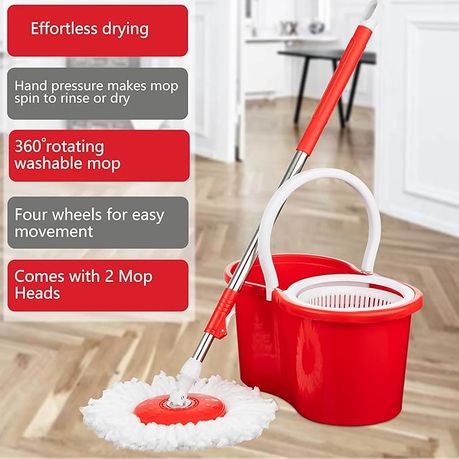 Rotating 360° Magic Spin Mop And Plastic Bucket Set- Red