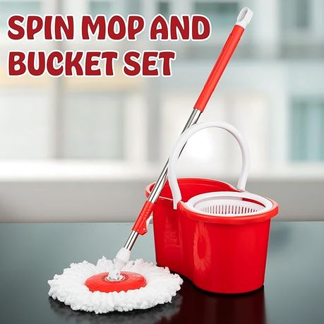 Rotating 360° Magic Spin Mop And Plastic Bucket Set- Red